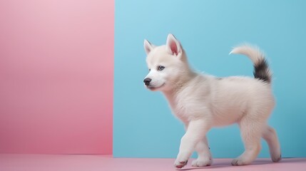 Fototapeta na wymiar Siberian husky puppy walking on pink and blue background