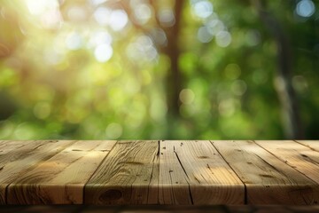 Wood table top on blurred green background   can be used for montage or display your products