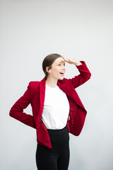 Confident Caucasian businesswoman CEO idea holding tablet and laptop for remote work, online viewing, multitasking isolated