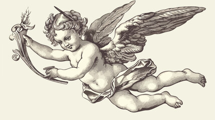 Cupid angel with old engraving style flat vector isolated - obrazy, fototapety, plakaty