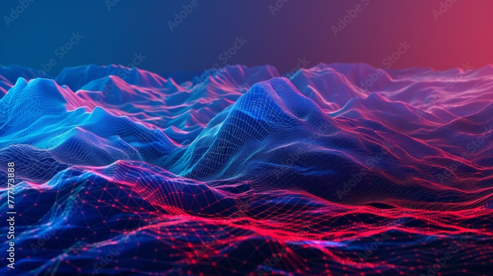 Aufkleber render of a red and blue abstract cyber technology background. wireframe mountains in a virtual real