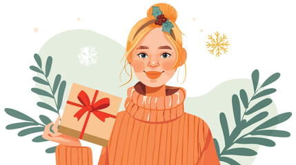 Cute blonde woman with hair bun holding a Christmas 