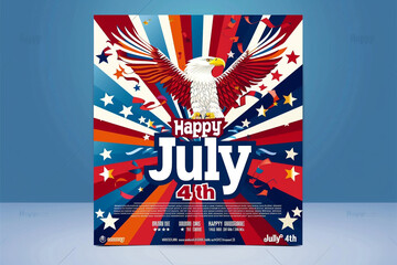 A vibrant "Happy July 4th" flyer, with bold red, white, and blue stripes, stars, and a dynamic eagle graphic, designed to grab attention for an Independence Day block party, ready for distribution,