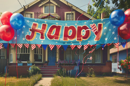 A vibrant "Happy July 4th" banner stretches across the front of a family home, its bold letters catching the sunlight