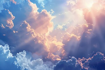 fluffy clouds shone with sunlight from above. Sunny sky abstract background, beautiful cloudy landscape, in heaven. generative ai - obrazy, fototapety, plakaty