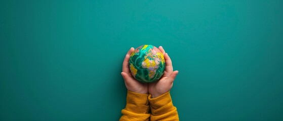 A childs hands cradling a small globe against a teal background