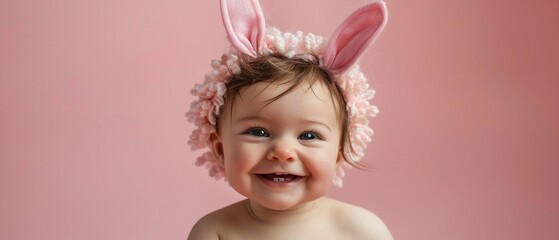Obraz na płótnie Canvas A delightful baby with fluffy bunny ears smiles joyfully against a soft pink background