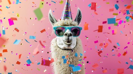 A festive llama in sunglasses and a party hat is showered with colorful confetti
