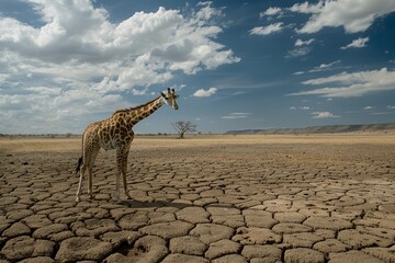 A lone giraffe forages in a drought-ridden landscape