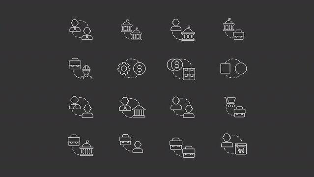 Ecommerce models animation library. Electronic commerce animated white line icons. Virtual shopping, accessibility. Isolated illustrations on dark background. Transition alpha. HD video. Icon pack