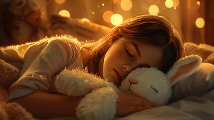 A peaceful young girl sleeping soundly while cuddling a fluffy toy surrounded by a warm