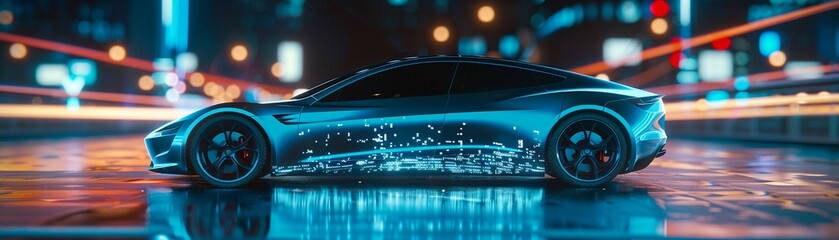 A sleek blue electric car displayed as a futuristic hologram with dynamic lighting.