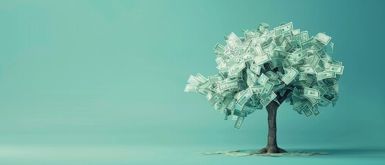 A tree made of dollar bills stands tall on a teal background