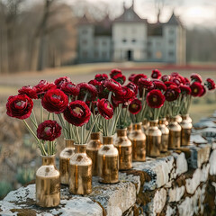 a many vases with red flowers in them on a stone wall