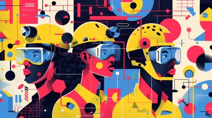A colorful illustration of a group of people wearing hard hats, AI
