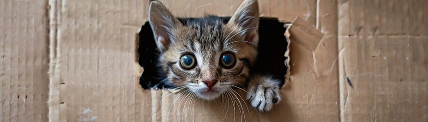 An adorable kitten peeking curiously through a hole in a cardboard box