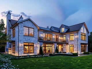 Beautiful luxury home exterior at blue hour in the Pacific Northwest, 