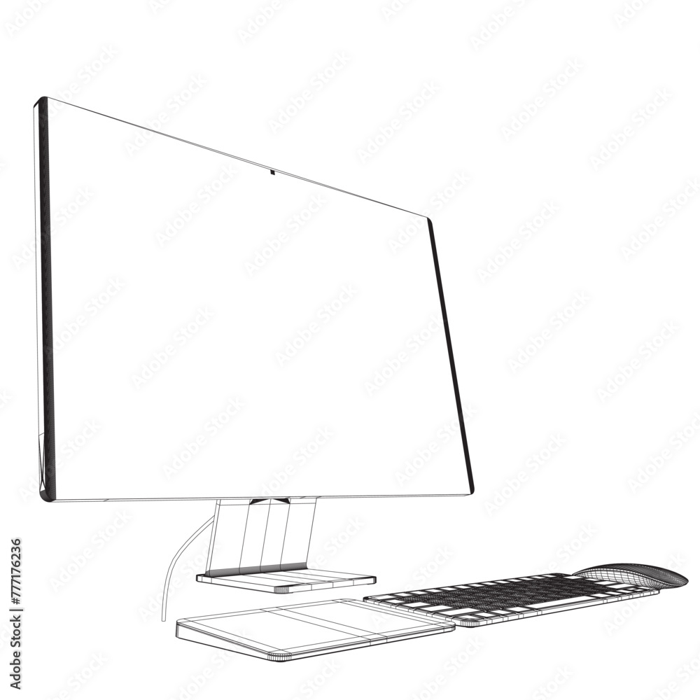 Poster monitor pc mockup. wireframe thin frame monitor or pc with mouse and keyboard isolated on white back