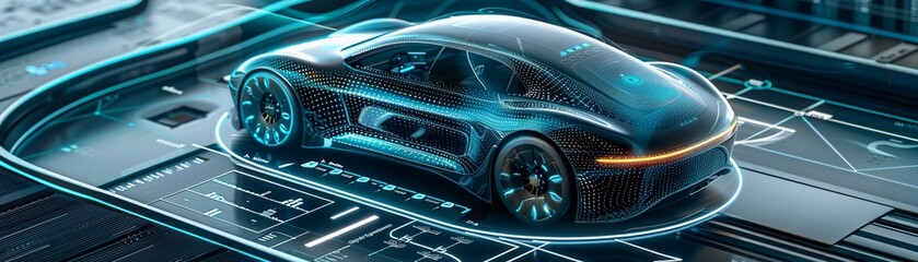 Digital analysis interface showcasing the design and technology of an electric car concept.