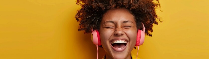 Exuberant young woman laughing and enjoying music with pink headphones against a yellow background. - obrazy, fototapety, plakaty