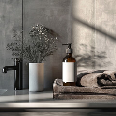 Mockup of a hand wash bottle with towel on marble generated.Ai