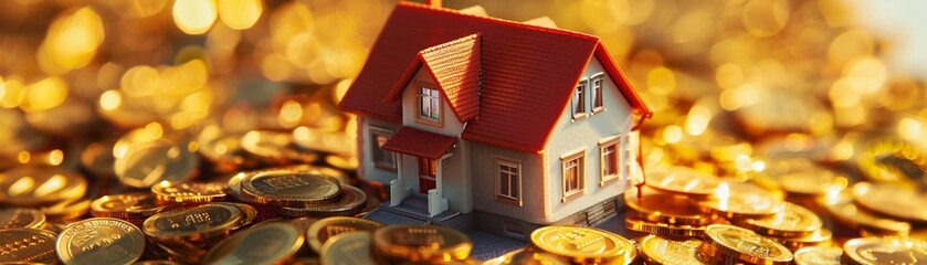 Miniature house atop scattered golden coins representing property investment and financial growth. - Powered by Adobe