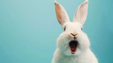 Obraz premium Joyful white rabbit laughing heartily against a clean blue background.