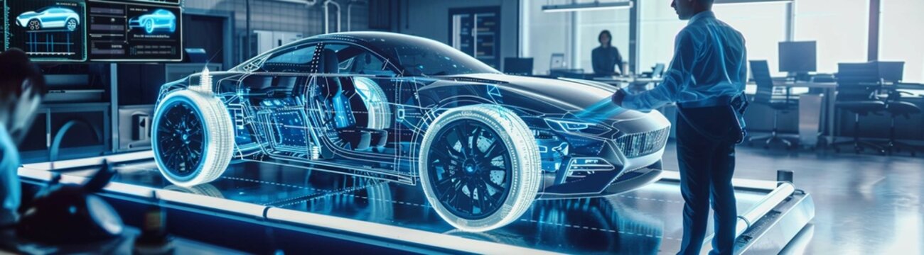 Engineers working on a futuristic vehicle design using a holographic display in a high-tech lab environment.