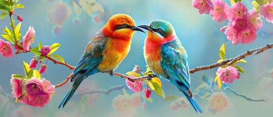 Two colorful birds sharing a tender moment on a branch with pink flowers.
