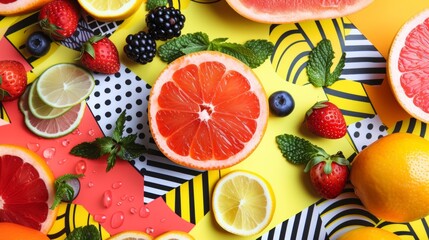 A colorful fruit is arranged on a patterned background, AI