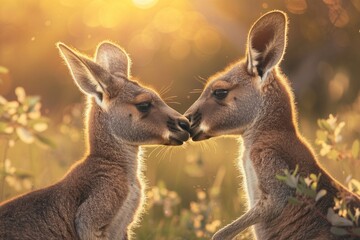 Two kangaroos share a tender moment touching noses in a field bathed in the golden light of sunset