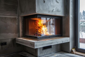 Installation of corner fireplace with calcium silicate insulation in house.