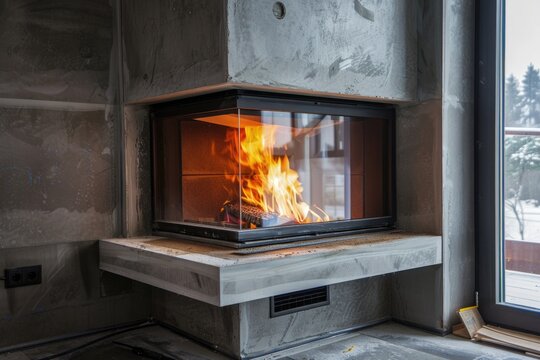 Installation of corner fireplace with calcium silicate insulation in house.