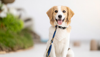 Dog sitting concept with happy active dog holding pet leash in mouth ready to go for walk