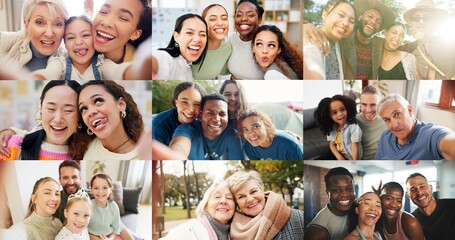 Group of people, diversity and collage with selfie or smile for fun with laugh, talking or happy. Community, older woman and multi screen for connection or communication with multiracial or social - Powered by Adobe