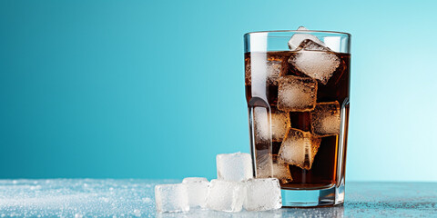 a glass of coke full of sugar and some cubes isolated on a light blue backround сreated with Generative Ai