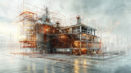 A Large Building With Red and Yellow Scaffolding, Building construction process represented through innovative data visualization, AI Generated - obrazy, fototapety, plakaty