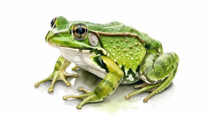 Obraz premium A green frog sitting on a white background with watercolor, AI