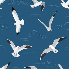 White seagulls flying in the blue sky. Summer vector pattern - obrazy, fototapety, plakaty