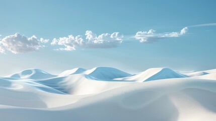 Stunning abstract futuristic panoramic wallpaper with sand dunes, white clouds and geometric shapes on a clear blue sky.