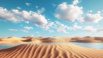 Fototapeta na wymiar Desert landscape with sand dunes, water, arches under the blue sky with white fluffy clouds. Abstract panoramic wallpaper.