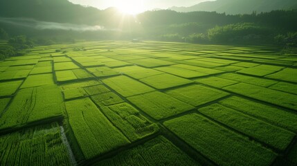 Fototapeta premium A large field of green grass with sun shining through, AI