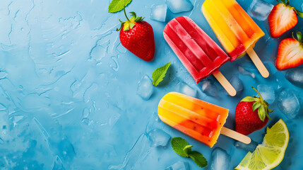 Chilled juicy fruit ice cream in summer setting with clean colors and lines, promotional food...