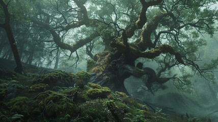 Mystical oak tree with its moss-covered branches in a misty forest. - Powered by Adobe