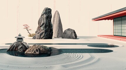 A japanese garden with rocks and a pond in the middle, AI