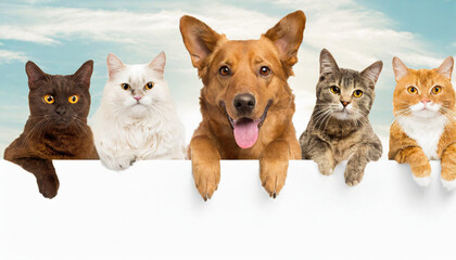 Cats and Dogs Peeking Over White Web Banner