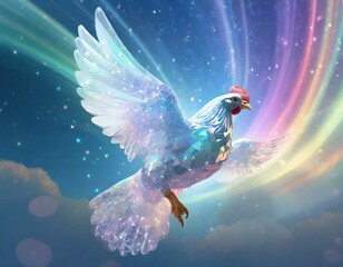 オーロラの輝きをしたクリスタルの鶏が飛ぶ　幻想的な世界