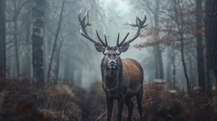 Noble stag with majestic antlers in a misty forest.