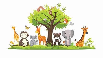 Cartoon funny wild animals near the tree flat vector