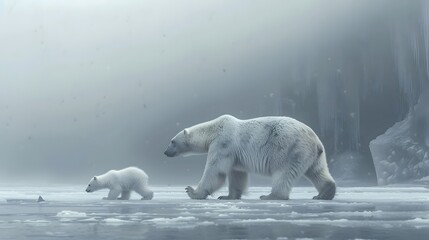 A polar bear and cub are walking at the North Pole and there is fog around indicating the coldness.